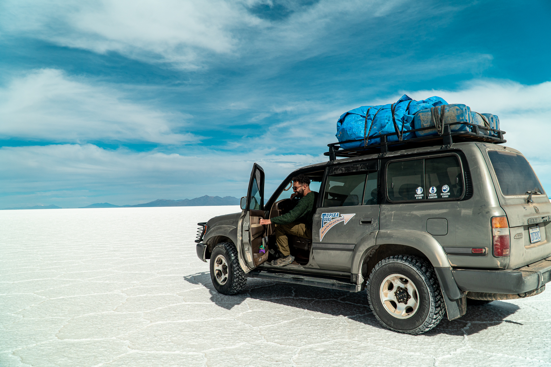 Driving through Salar De Uyuni, Bolivia